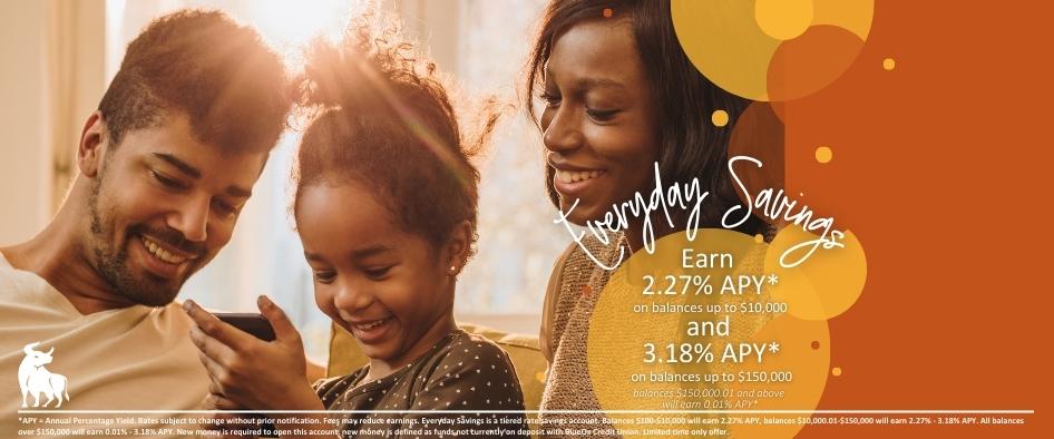 Everyday Savings - Money Market Account - Earn 2.27% APY* on balances up to $10,000 and 3.18% APY* on balances from $10,000.01 - $150,000. Balances over $150,000.01 will earn 0.01% APY.*