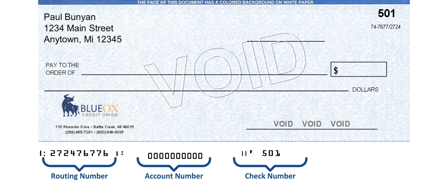 BlueOx Routing Number is 272476776. Voided Check Example.