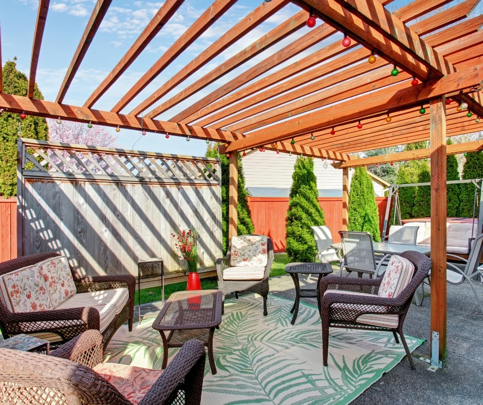 Beautiful backyard patio seating area. Comfy outdoor furniture.