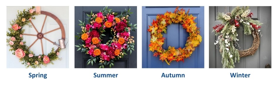 Seasonal Wreaths to improve the curb appeal of your home. Spring, Summer, Autumn, Winter.