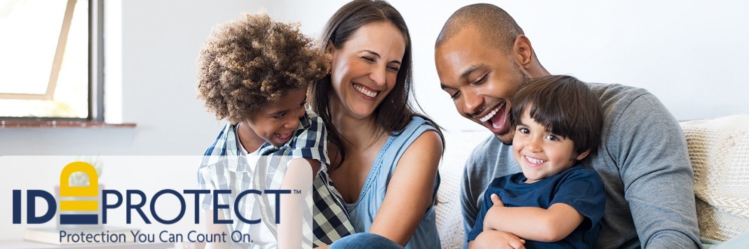 IDProtect Plus logo and family smiling, and embracing each other.