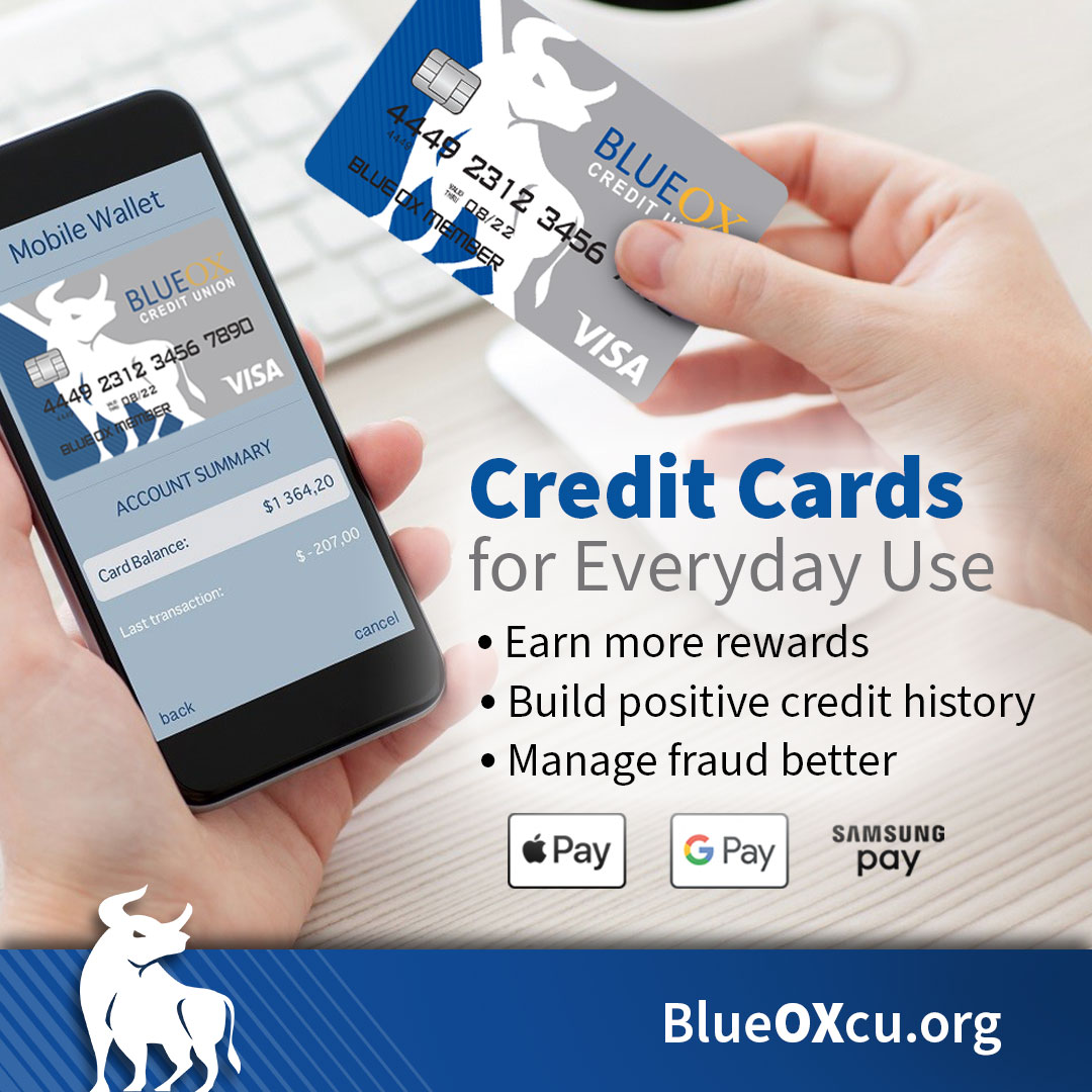 Credit Cards for everyday use. Earn more rewards, build a positive credit history, and manage fraud better with BlueOx VISA Platinum Rewards Credit Card.
