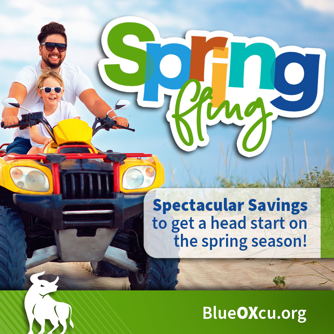 Spring Fling! Spectacular savings to get a head start on the spring season! Father and son riding a four wheeler on the beach.